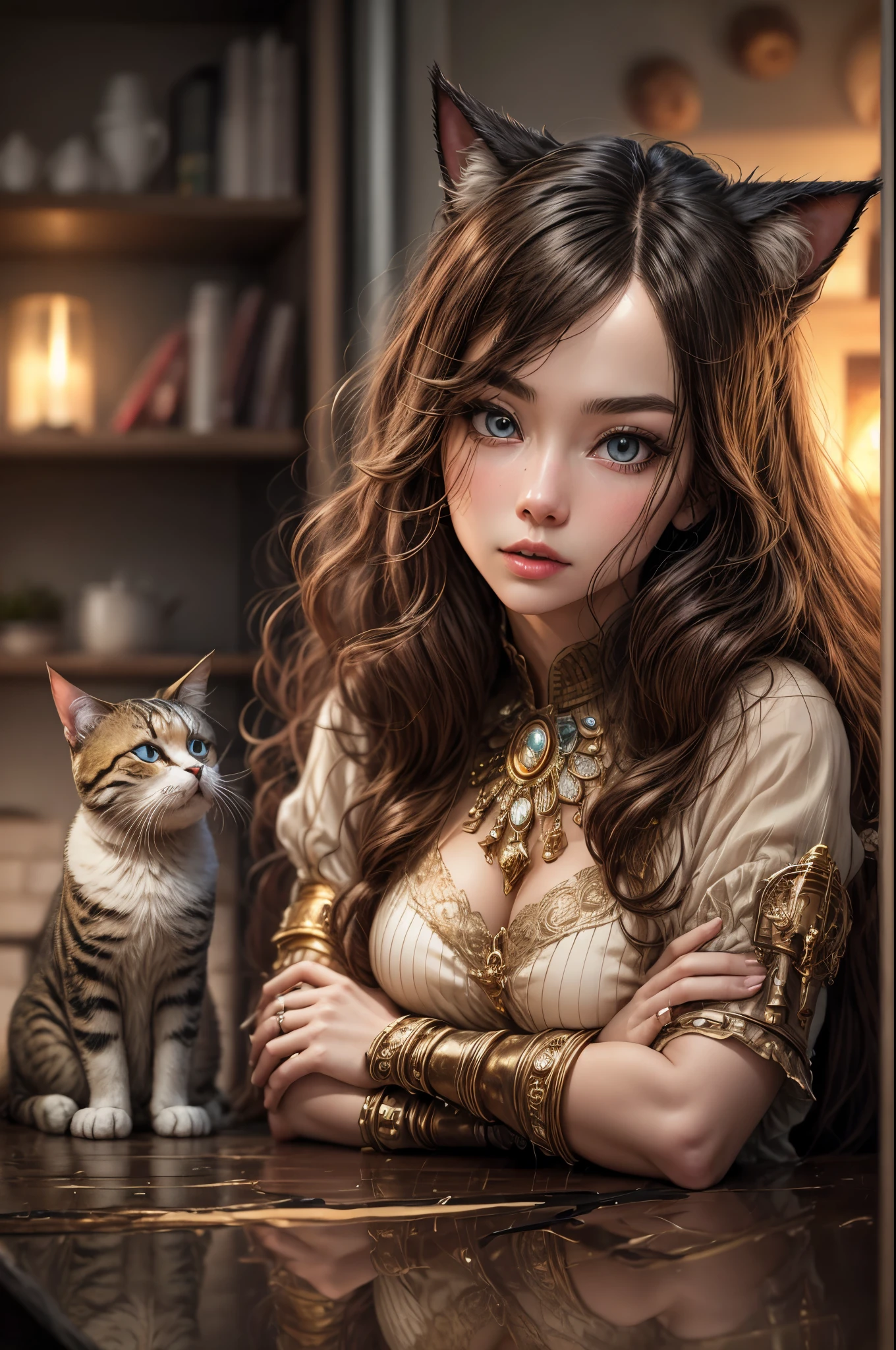 3D rendering,steampunk Girl,beautiful detailed eyes, And a Robot cat with glowing eyes,antique brass and leather,wooden furniture,flickering candlelight,warm color palette,highres,full Body, slight smile on her lips".