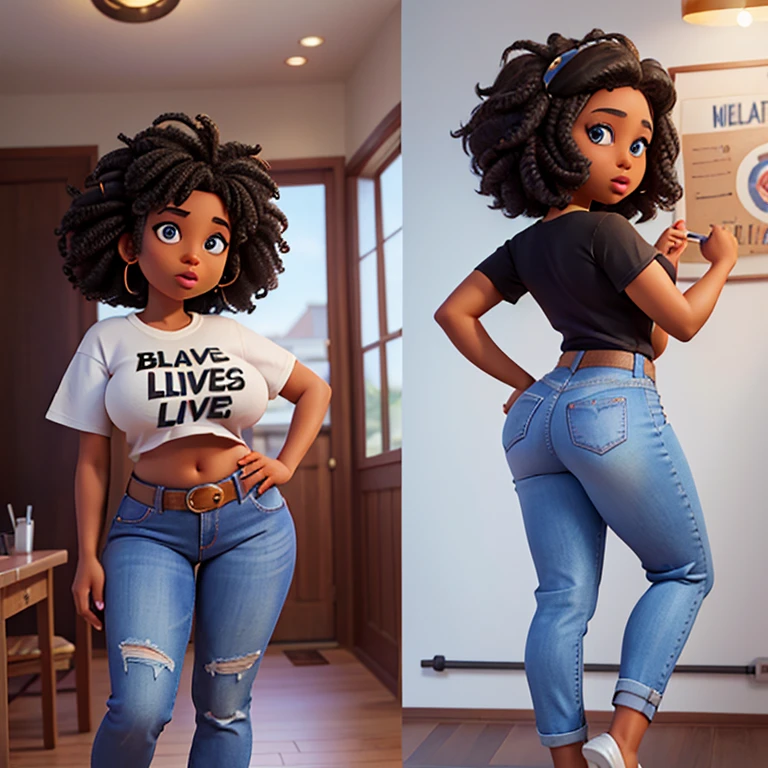Black girl in her twenties, with huge boobs, a tiny Waist and a round ass. Wearing jeans and a t-shirt that says Black Lives Matter. She has abundant curly hair, big blue eyes, small nose and full lips.