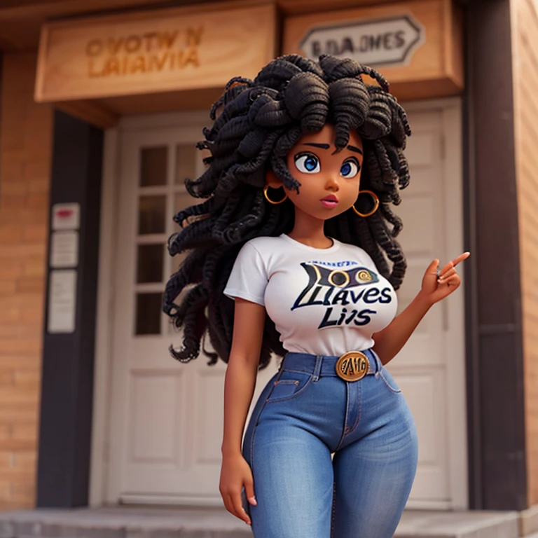 Black girl in her twenties, with huge boobs, a tiny Waist and a round ass. Wearing jeans and a t-shirt that says Black Lives Matter. She has abundant curly hair, big blue eyes, small nose and full lips.
