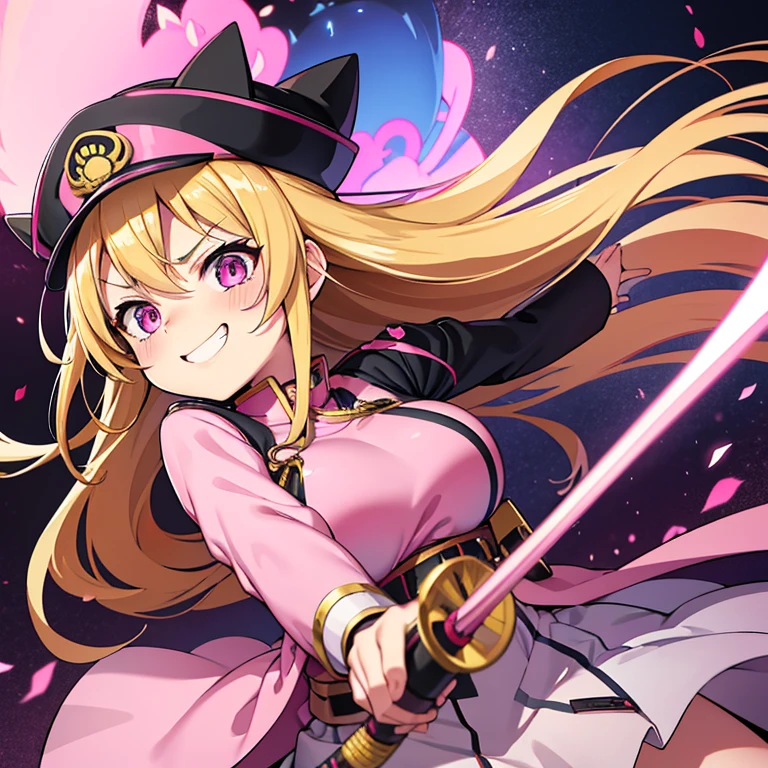 katana, 1 woman, waifu oppai, angry, smile challenging, long hair blonde with hair highlights pink, blue and pink eyes, gold and white militar clothes, kawaii, militar, with hat general, with a katana, samurai