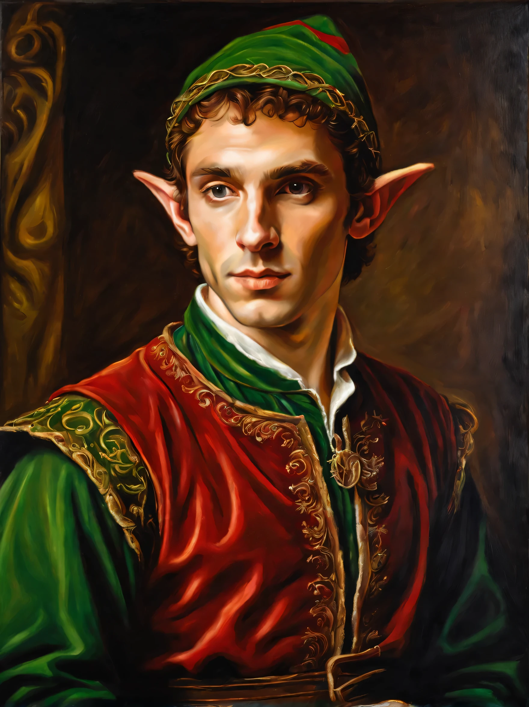 Portrait of a male elf in Renaissance clothing, oil painting on canvas, work of a famous Renaissance artist