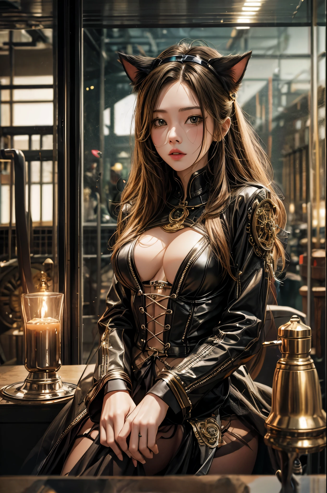 "Steampunk girl with a cat robot companion, poised in a candlelit room, eye contact with the viewer, captured in a wide-angle shot."