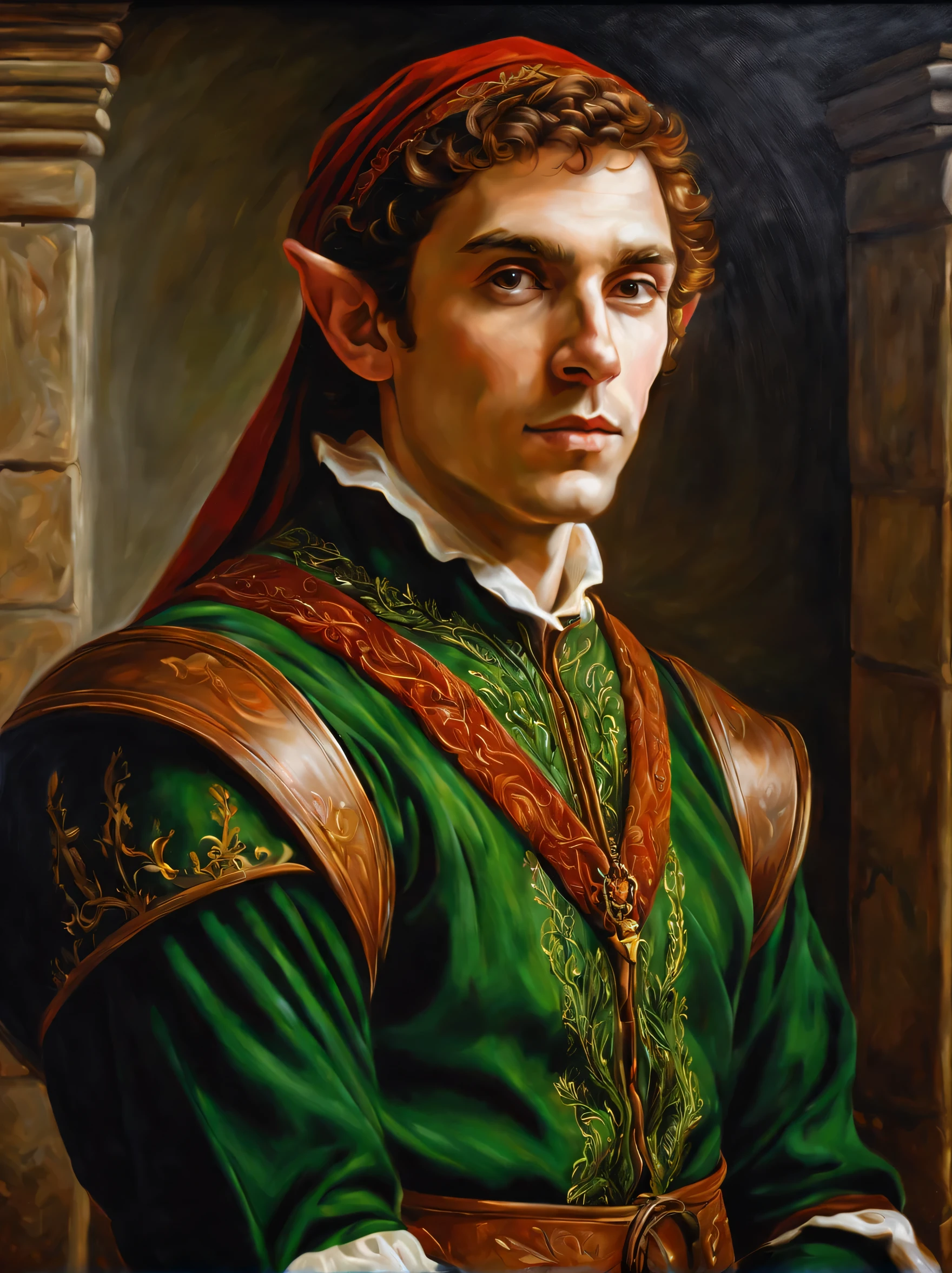 Portrait of a male elf in Renaissance clothing, oil painting on canvas, work of a famous Renaissance artist