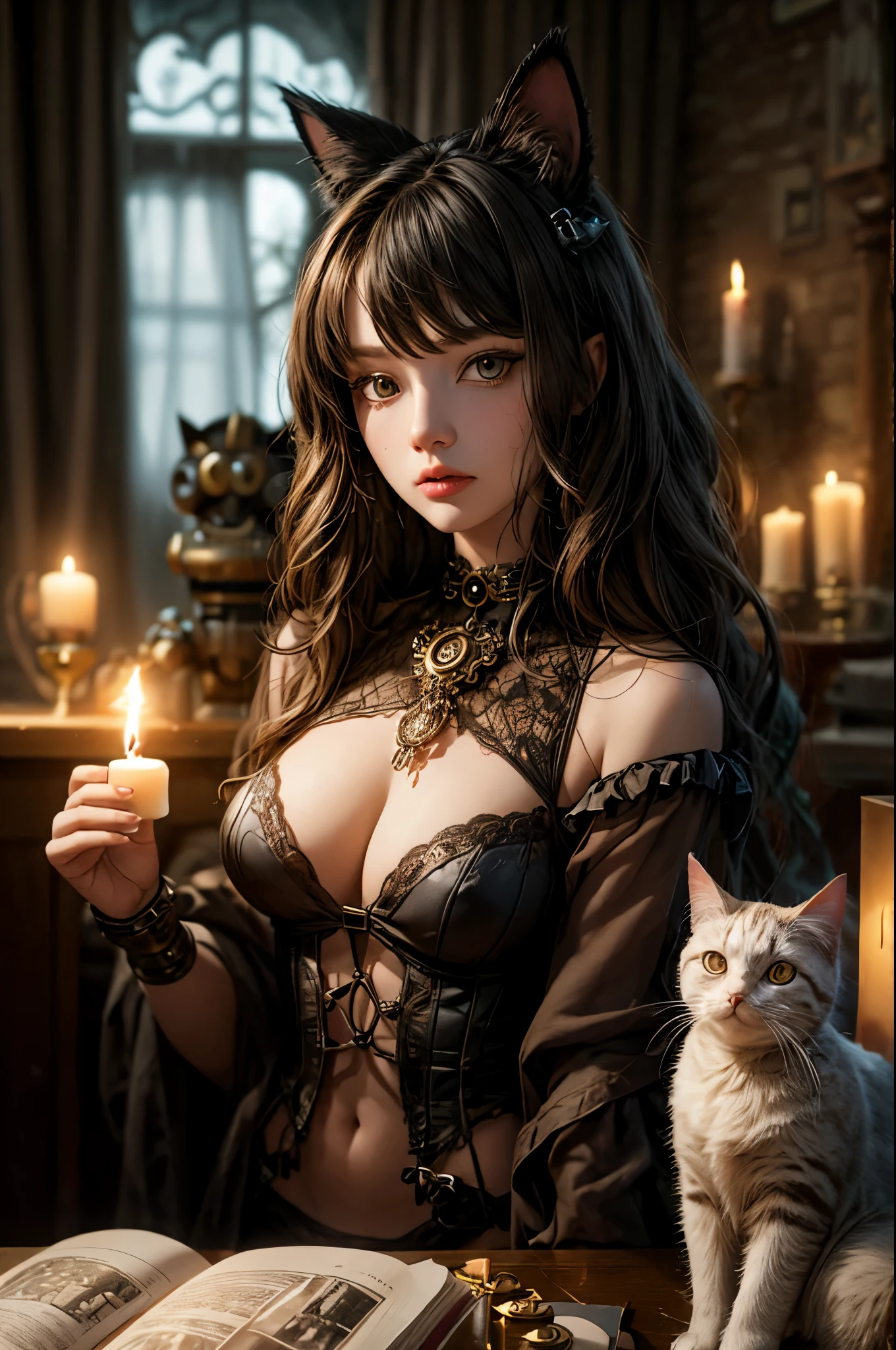 "Steampunk girl with a cat robot companion, poised in a candlelit room, eye contact with the viewer, captured in a wide-angle shot."