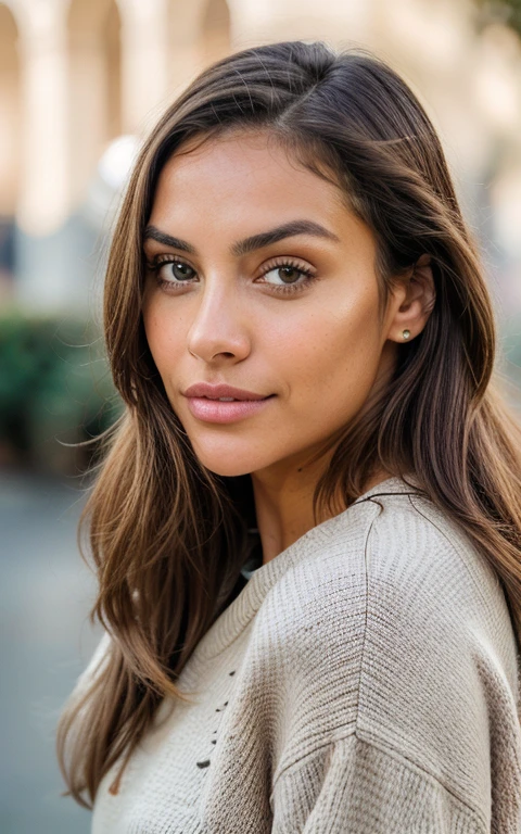 Beautiful brunette with blonde highlights in a beige sweater (posar en roma, 22 years, rostro inocente, cabello ondulado natural, ojos azules, high resolution, obra maestra, Mejor calidad, Alto detalle intrincado, muy detallado, Sharp focus, piel detallada, realistic skin textura, textura, ojos detallados, profesional, 4k, sonrisa encantandora, filmado en canon, 85mm, poca profundidad de campo, Kodak Vision Color, cuerpo en forma perfecta, extremadamente detallado, Photographyr_\(Ultra\), fotorrealista, realista, Post tratamiento, maximum details, Aspereza, vida real, Ultra realist, fotorrealismo, Photography, 8k UHD, Photography