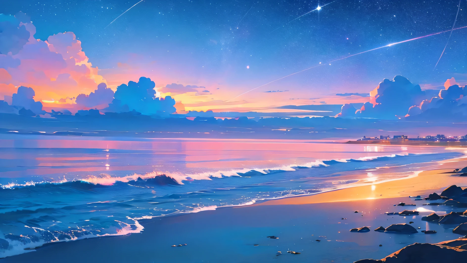 beautiful sea in the night with a lot of stars and clouds romantic and nostalgic, pink and yellow
