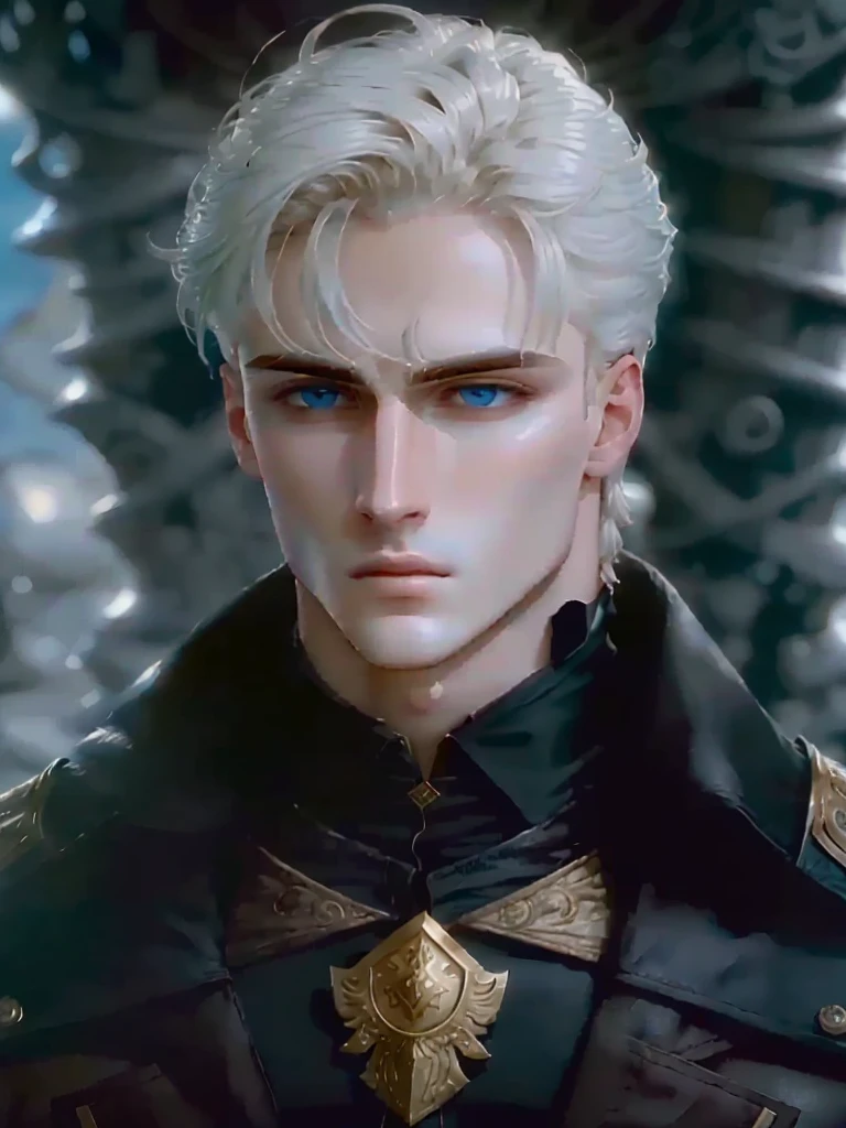 Crea una imagen de un joven dios con ojos azules brillantes y cabello blanco abundante. The god must look incredibly handsome and majestic, Con un suave y sexy, but powerful expression. Su atuendo debe ser como los trajes tradicionales de la antigua Grecia.