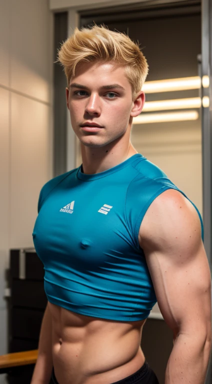 Japanese male gymnast, muscular, muscular, broad shoulders, pale skin, handsome face, joyful expression, wet with sweat, holding a water bottle, fine facial features, sitting on the edge of the gymnastics field taking a break, sharp image, Looking at the camera, studio lights, modeling, sexy and cute, sexy pose