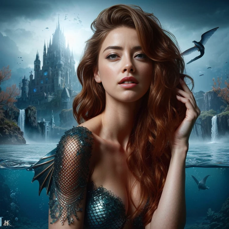 AMBER HEARD mujer hermosa, caucasian, pelo color rojo y largo, ojos claros, mojada, tiara verde, vestida con traje de armadura cuerpo completo color azul y verde con escamas, mera reyna de atlantis, sosteniendo un tridente, in defense position to attack, at the bottom of the ocean among marine fauna, ((Calidad superior, 8k, obra maestra: 1.3)), belleza, AMBER HEARD, Grande: 1.3, Abdominales delgados: 1.1, Textura facial y de piel muy detallada.