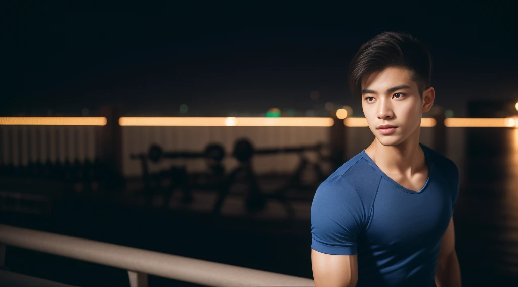 Man in his 20s posing for photo, Wear a navy shirt.................., A high resolution, tmasterpiece, Best quality at best, heads:1.3,((Hasselblad photograp)), Delicate skin, Focus Clear, (电影灯光), during night, gentlesoftlighting, dynamic angle, [:(详细的脸:1.2):0.2],(((workout))), external