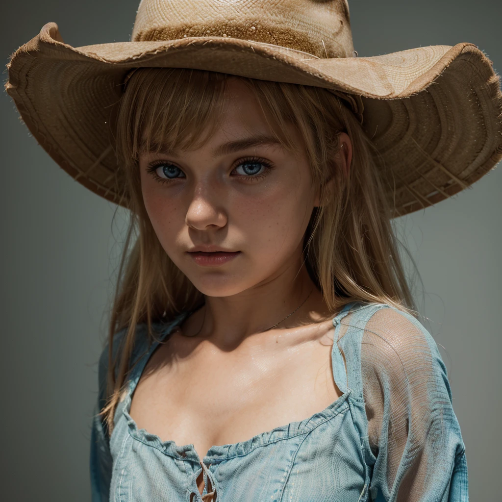 1girl, cute blonde girl, hair bangs, cowboy hat, brown cowboy dress, cyan eyes, ultra realistic soft skin, extreme detail, high masterpiece, 8k, photography, studio light, ultra realistic lighting, high realistic ray tracing, RAW photo, photo studio, perfect detailed cute face, perfect teenage details