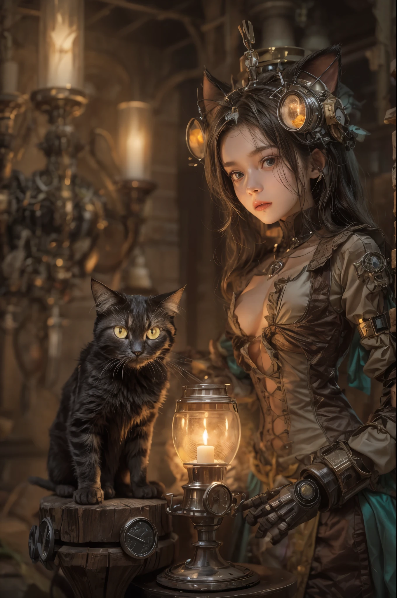 "Steampunk girl with a cat robot companion, poised in a candlelit room,  eye contact with the viewer, captured in a wide-angle shot."