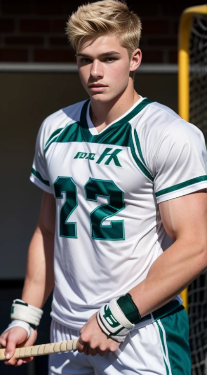 Teenage white man , lacrosse player,17 years old , blonde ,hair, green eyes fixed, affiliated features, no facial hair, height 1.93, weight 100 kg, aesthetic muscular build, broad shoulders, V-shaped body, full body focus, completely hairless,