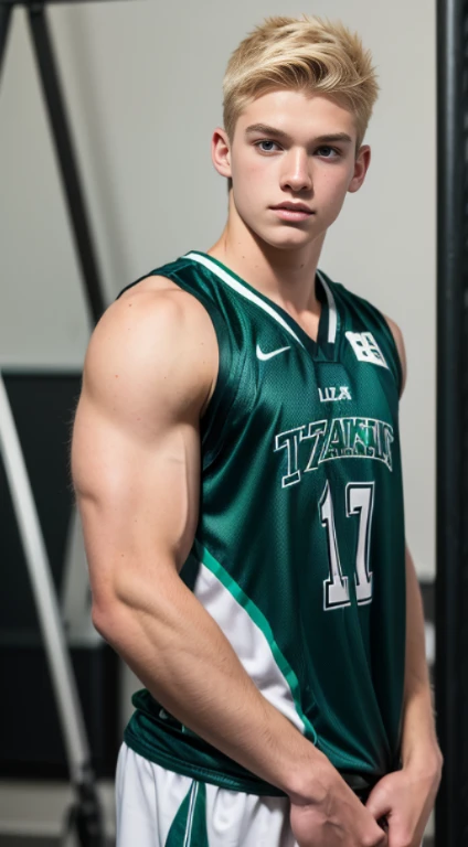 Teenage white man , lacrosse player,17 years old , blonde ,hair, green eyes fixed, affiliated features, no facial hair, height 1.93, weight 100 kg, aesthetic muscular build, broad shoulders, V-shaped body, full body focus, completely hairless,