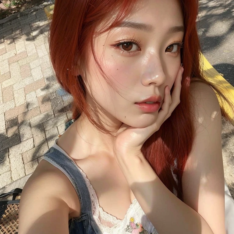 there a woman Con cabello rojo sitting on a bench, ulzzang, Jinyoung Shin, sol yunjoo, heonhwa choe, jennie rosa negro, kim doyoung, Con cabello rojo, jaeyeon nam, ella tiene el pelo largo y renaranjado, TaeJune Kim, parque roseanne de blackpink, hermosa mujer surcoreana, jossi de blackpink, muchacha coreana