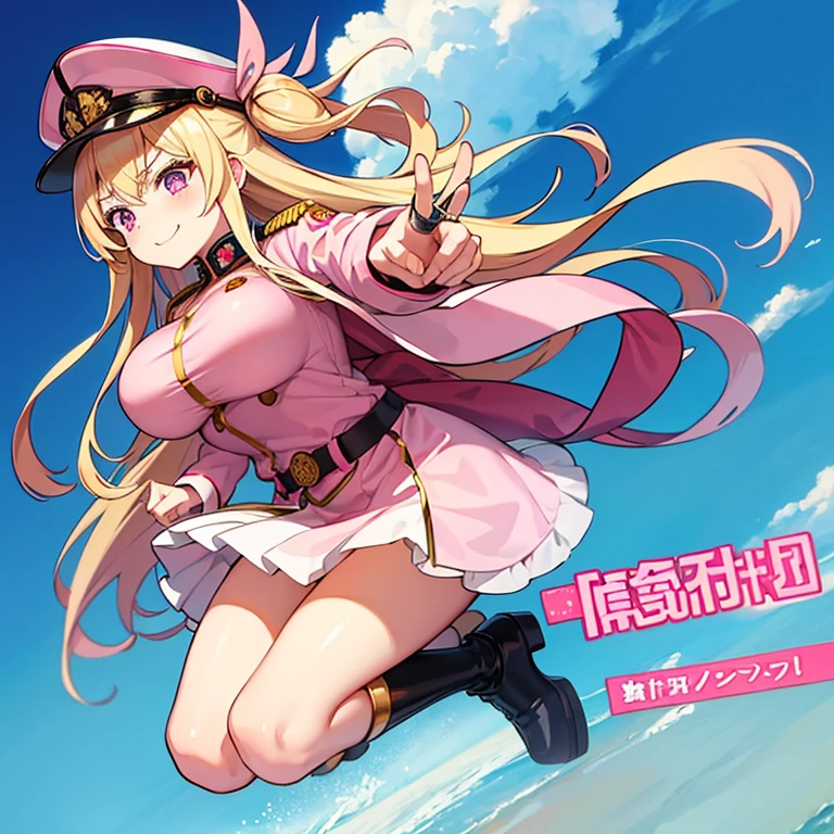 1 woman, waifu oppai, angry, smile challenging, long hair blonde with hair highlights pink, blue and pink eyes, gold and white militar clothes, kawaii, militar, with hat general, full body