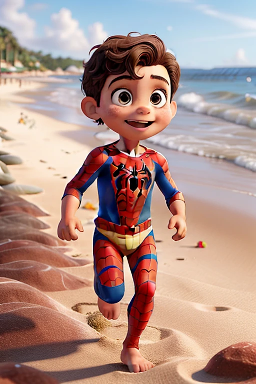 obra de arte, best quality, a 2 year old child, straight brown hair, running on the beach sand with the sea in the background, dressed in a spider-man outfit.