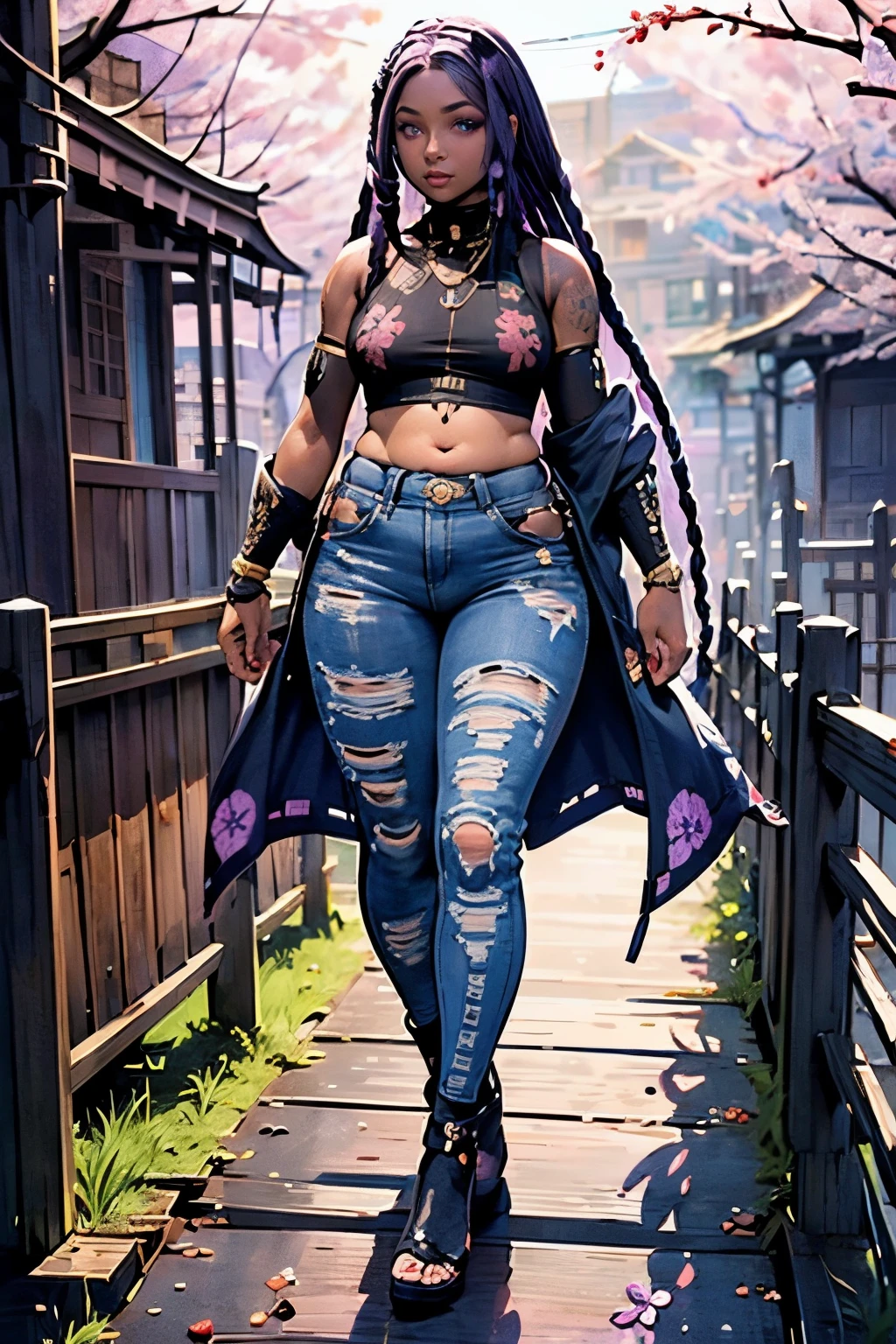1girl, official anime art illustration, (long ((violet)) dreadlocks), violet eyes, rounded nose, cat eye makeup, ((tall plump dark-skinned older Caribbean woman walking down ornate detailed wooden bridge outside of Sakura forest)), small breasts, (wearing allover watermelon print cropped top with watermelon design), tattooed forearms, golden armlets and bracelets, dark ripped skinny jeans, plump thighs, excited expression, (holding coffee in hand), perfectly photorealistic, incredibly detailed, 8k, UHD, masterpiece, best quality, ultra detailed, intricate,