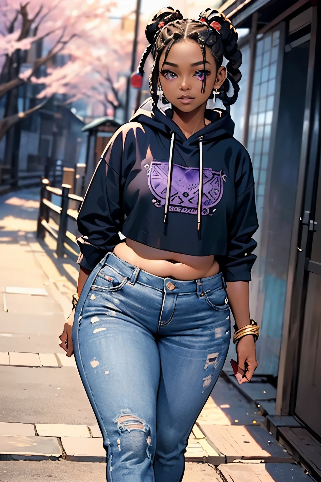 1girl, official anime art illustration, (long ((violet)) dreadlocks), violet eyes, rounded nose, cat eye makeup, ((tall plump dark-skinned older Caribbean woman walking down ornate wooden bridge outside of Sakura forest)), small breasts, (wearing watermelon motif cropped hoodie), tattoo above navel, golden armlets and bracelets, dark ripped skinny jeans, plump thighs, excited expression, (holding coffee in hand), perfectly photorealistic, incredibly detailed, 8k, UHD, masterpiece, best quality, ultra detailed, intricate,