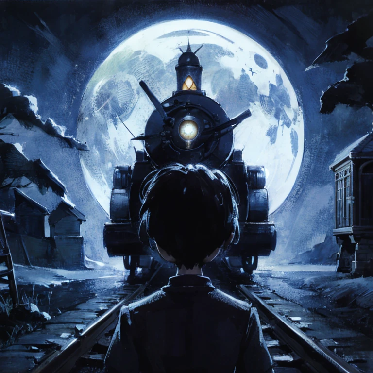 image of a boy staring backwards a misterious locomotive that has the evidence, in the background the moon apears rising full, the light is dark blue, and it have to has some misterious fell, the are square dimensions, and the art style is gothic playfull look alike