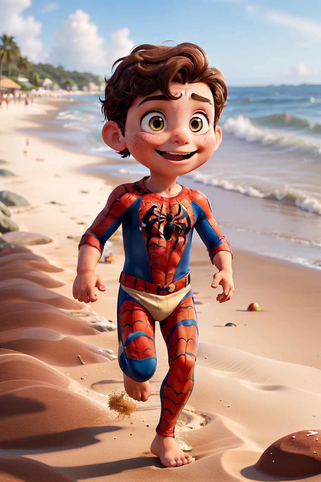 obra de arte, best quality, a 2 year old child, straight brown hair, running on the beach sand with the sea in the background, dressed in a spider-man outfit.