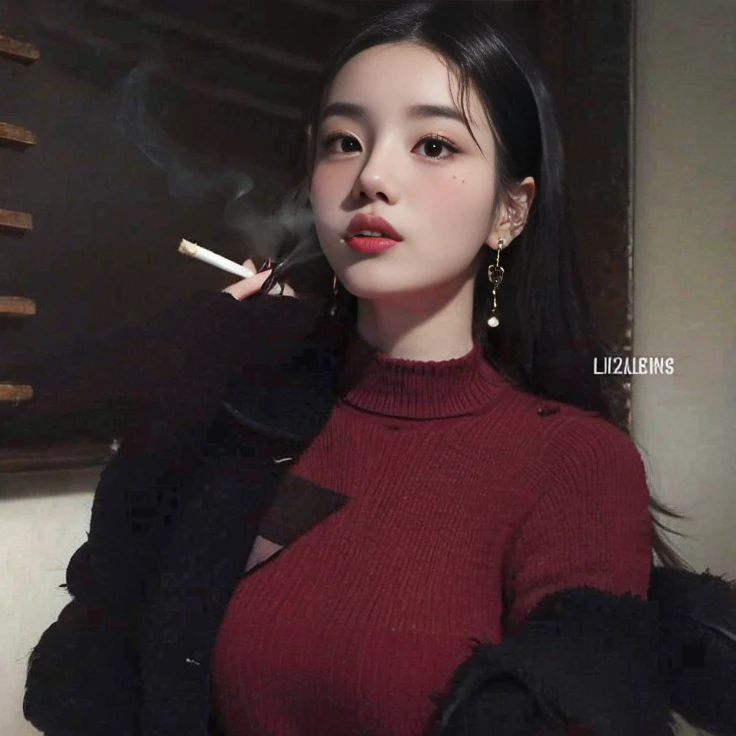 um close de uma mulher fumando um cigarro em uma sala, Ulzzang, jennie blackpink, cruel korean goth girl, linda mulher coreana jovem, menina coreana, aesthetic!!!!!! female genie, Mulher sul-coreana bonita, Heonhwa Choe, 19-year-old girl, Modelo de moda feminina coreana, tons de vermelho e preto, Jiyun Chae