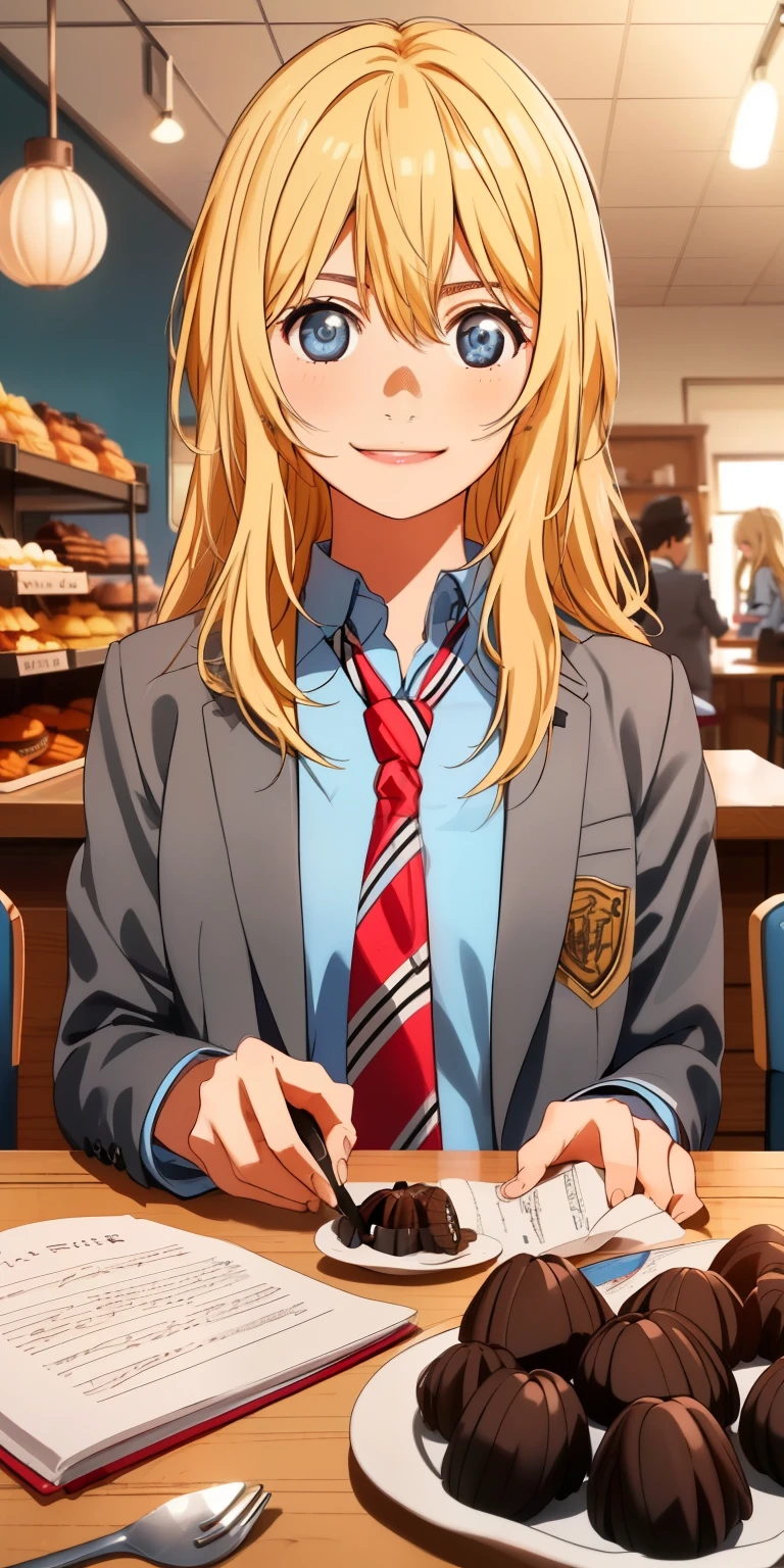 masterpiece、highest quality、High resolution、super fine、leader,blue eyes,blonde hair,long hair,school uniform,blazer,Jacket,grey Jacket,open Jacket,stripe tie,(red tie:1.2),collared shirt,blue shirt,long sleeve,plaid skirt,gray skirt,socks,black socks,loafers,CCWORI、blue eyes、blonde、long hair、hair between eyes、bangs、Riman、hair flower、(1 girl,throw、Stylish Western confectionery shop、sitting at the table with a big smile on his face、elbows in the face with both hands、((black canelé on the table)、upper body only,pov)、blur the background