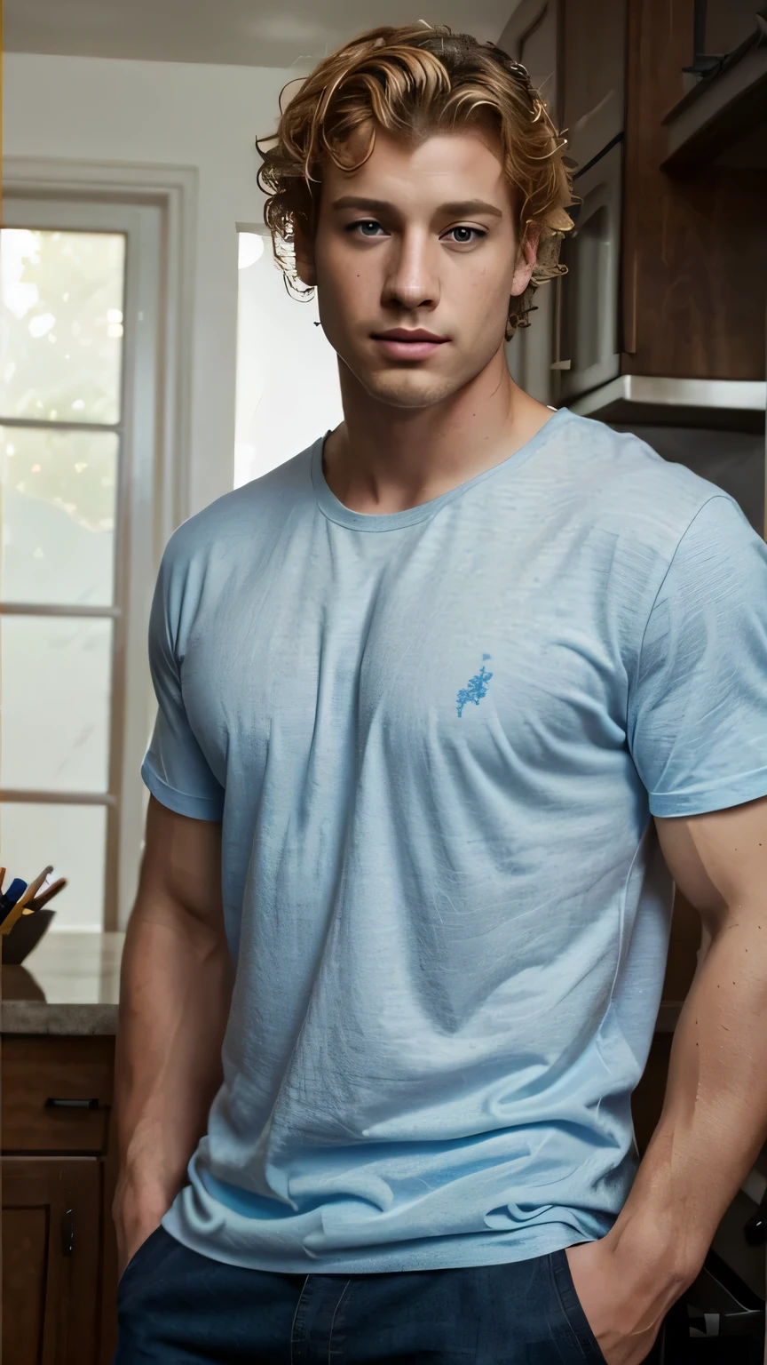 very handsome guy, wearing casual clothes, has blond curly hair, blue eyes, has a serious expression and is muscular, full body, watercolor style, looks like jeremy white, is fully dressed