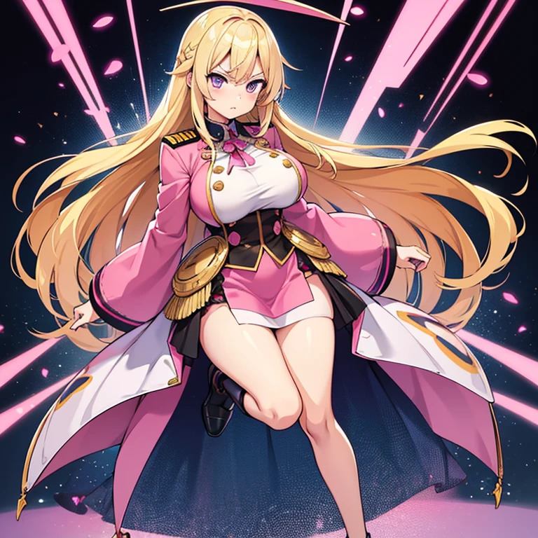 1 woman, waifu oppai, angry, smile challenging, long hair blonde with hair highlights pink, blue and pink eyes, gold and white militar clothes, kawaii, militar