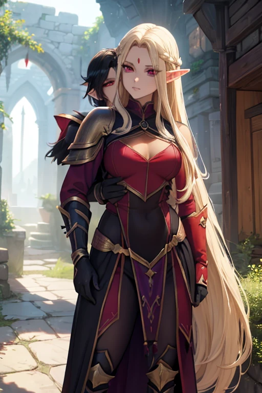 a female adult elf with weavy darkblonde hair visible forehead and demon wings wearing female purple armor next to a tall male adult good looking elf with *very long dark black hair* and red eyes wearing red armor couple dark athmosphere male with black hair