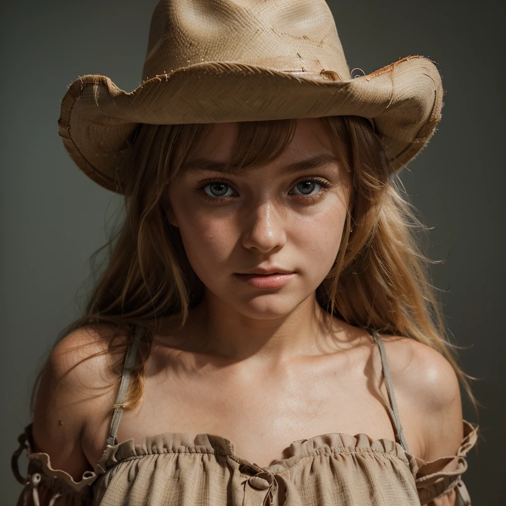 1girl, cute blonde girl, hair bangs, cowboy hat, brown cowboy dress, brown dress, cyan eyes, ultra realistic soft skin, extreme detail, high masterpiece, 8k, photography, studio light, ultra realistic lighting, high realistic ray tracing, RAW photo, photo studio, perfect detailed cute face, perfect age details