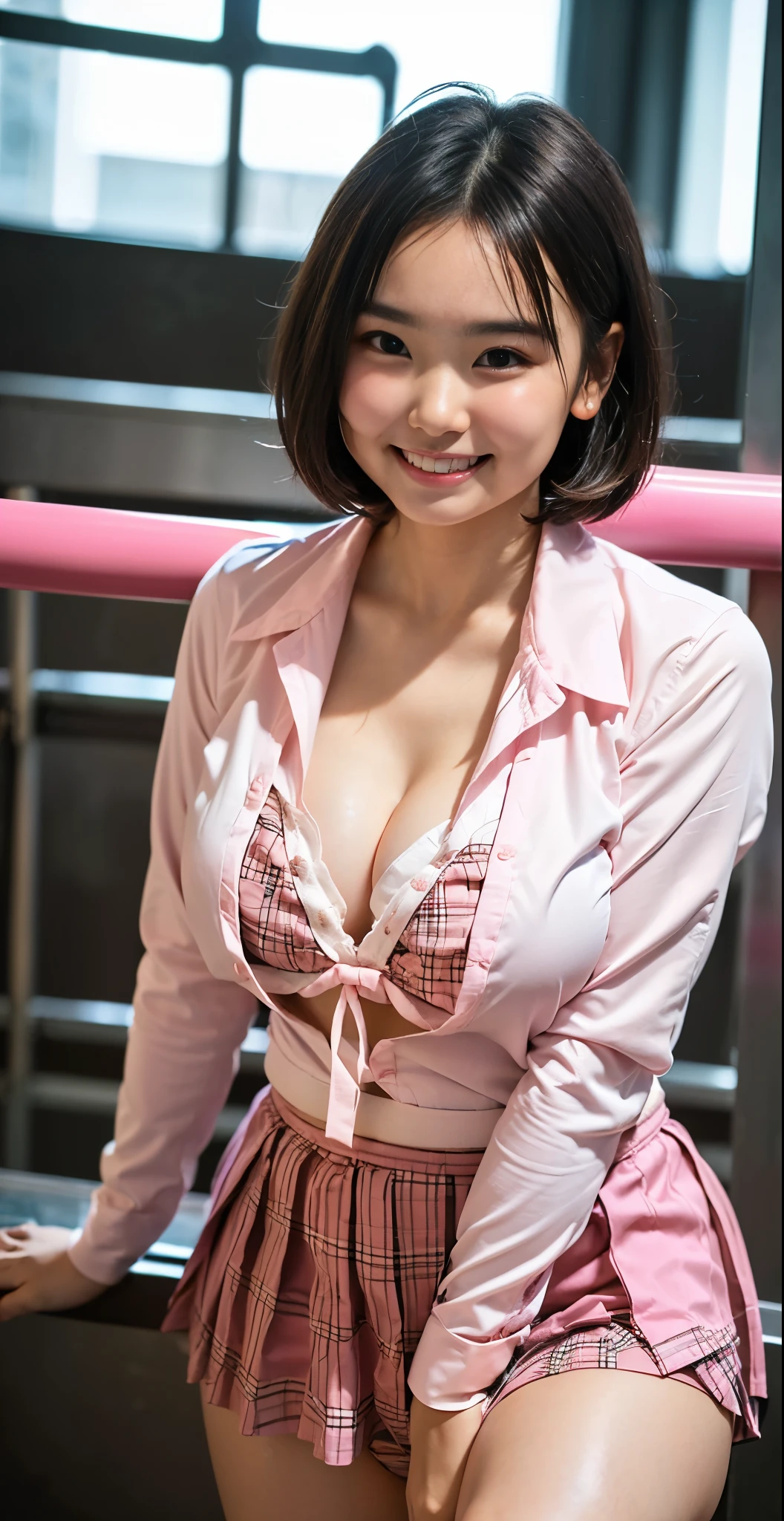 （8K、Raw photography、highest quality、masterpiece：1.2),(black haired、very short hair:1.5),show viewer,Looking at the front,erotic,white skin,(Pink Ranger:1.7)、(Clothing that emphasizes the shape of your chest、exposing one&#39;s skin:1.6)、(big boobs:1.3)、slim body shape、ultra high resolution,beautiful,beautiful fece,(alone, alone、no background:1.9),whole bodyボディー,japanese woman,（Photoreal：1.37）、photon mapping,reality、(Cute with a baby face: 1.2)、(cute smile: 1.7)、(With a round face: 1.9)、radio city、Physically based rendering、depth of field rally background、photograph, (Very short plaid skirt、her skirt is too short、Panties are visible.、I can see your knees,close up of thighs:1.6),whole body、super fine