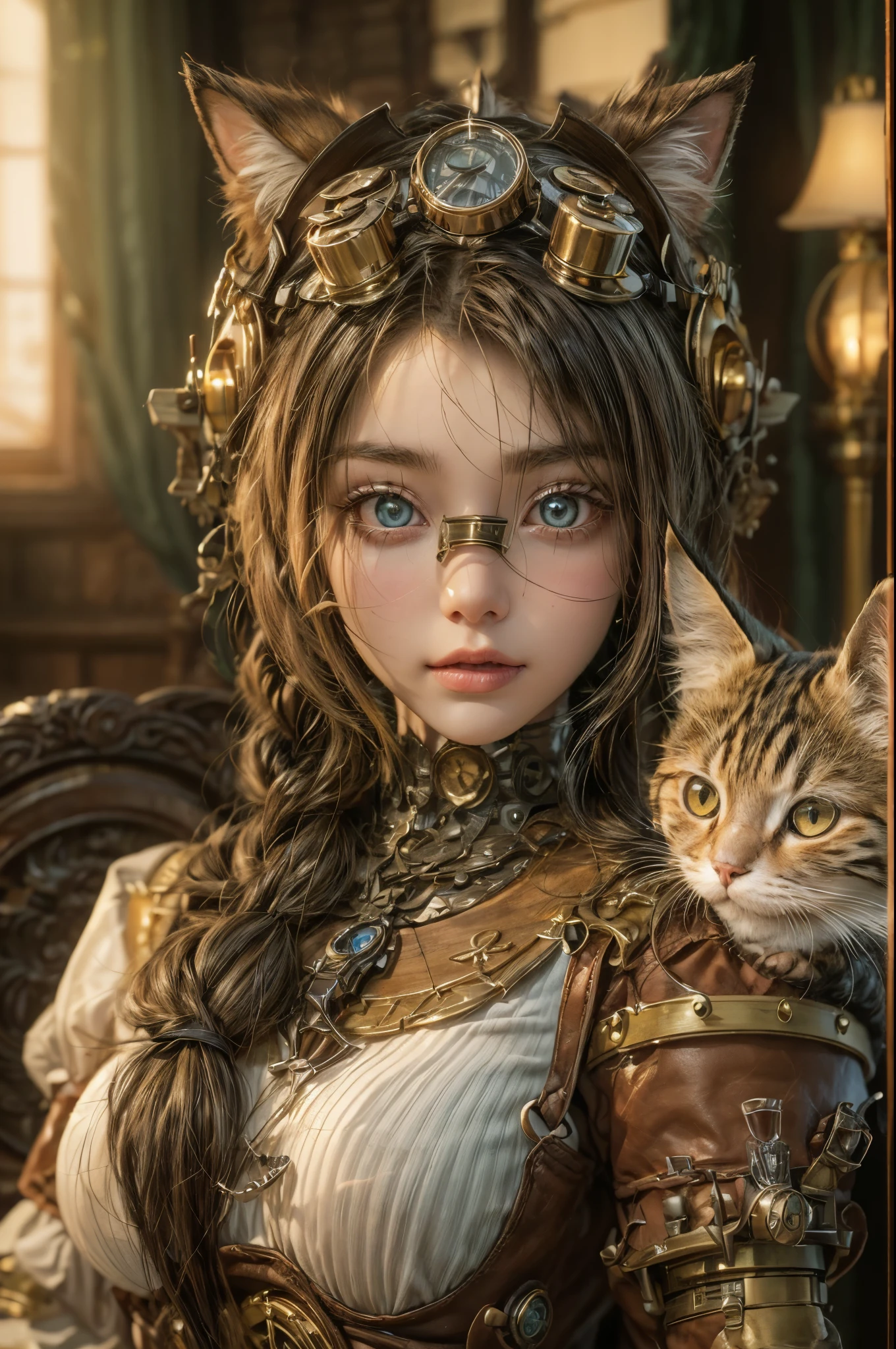 ( 3D rendering,steampunk Girl,beautiful detailed eyes,mechanical cat with glowing eyes,antique brass and leather,wooden furniture,flickering candlelight,warm color palette,highres),slight smile on her lips".