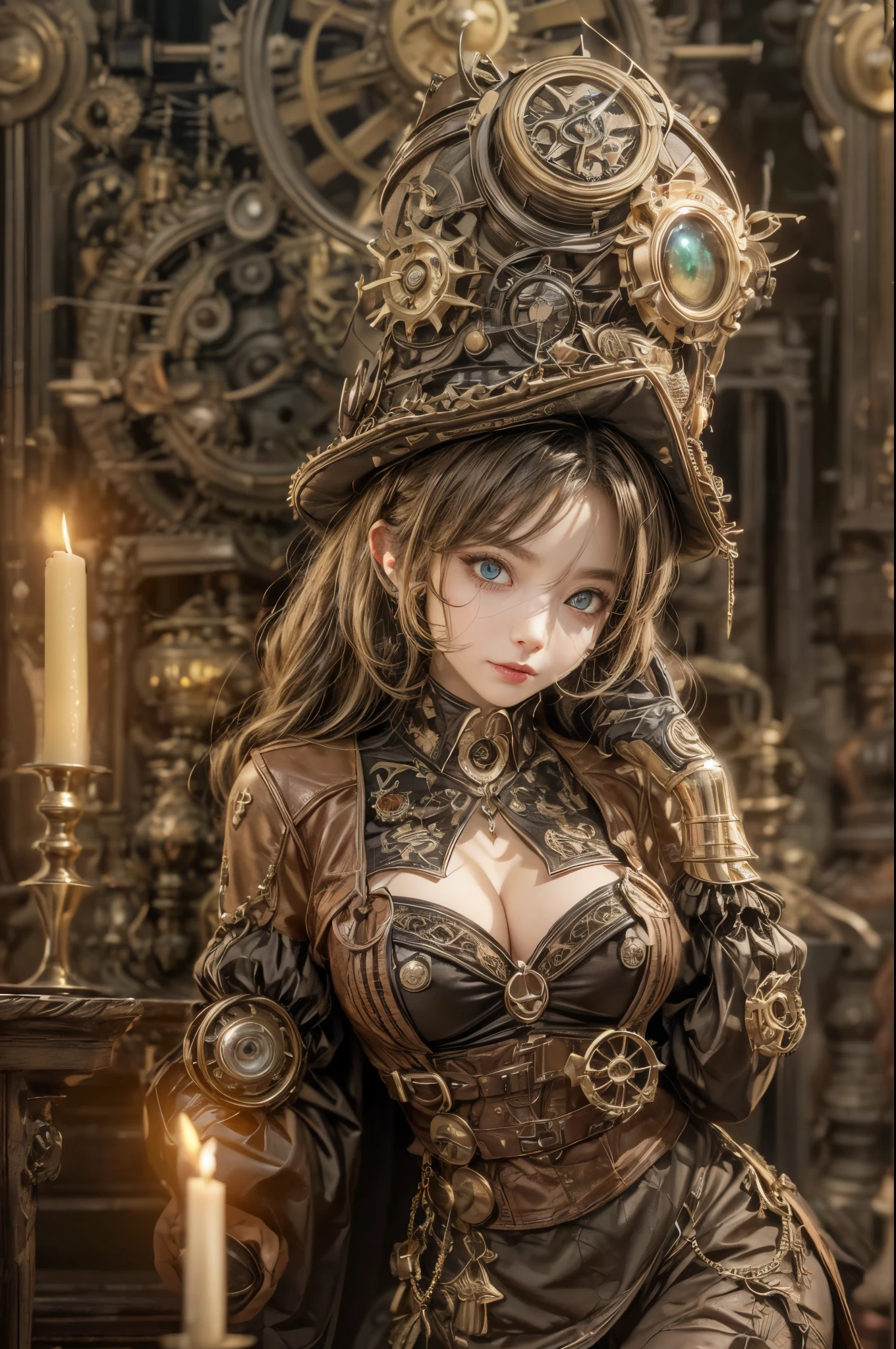 ( 3D rendering,steampunk Girl,beautiful detailed eyes. mechanical cat with glowing eyes,antique brass and leather,wooden furniture,flickering candlelight,warm color palette,highres),slight smile on her lips".