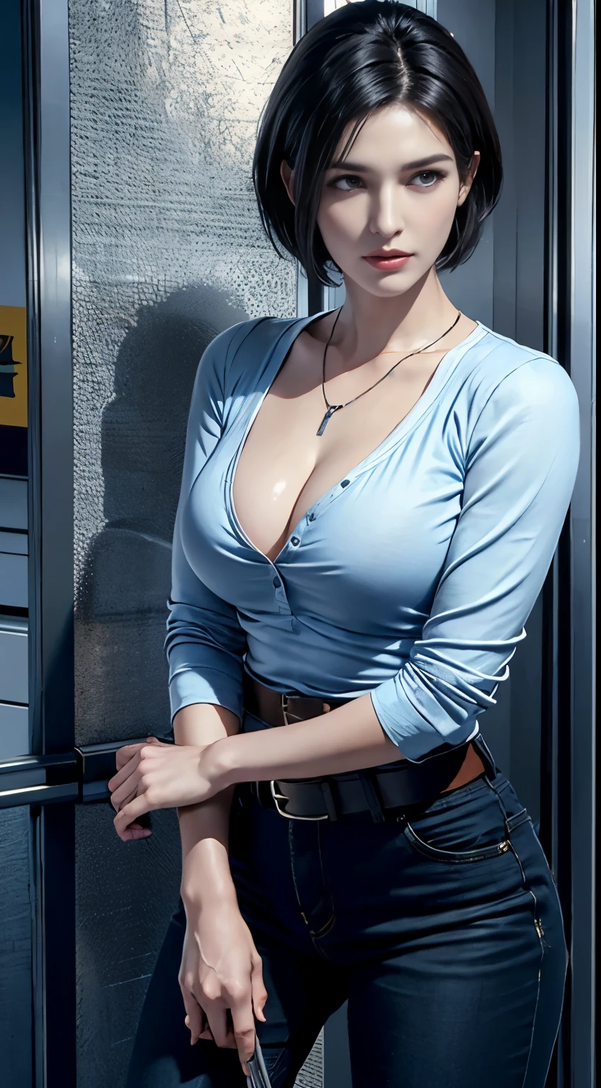 photorealistic, high resolution, 1women, mature female, solo, hips up, black hair, short hair, longsleeve blue shirt, belt, pants, police, cleavage, (downblouse), necklace,Jill Valentine - Resident Evil Series