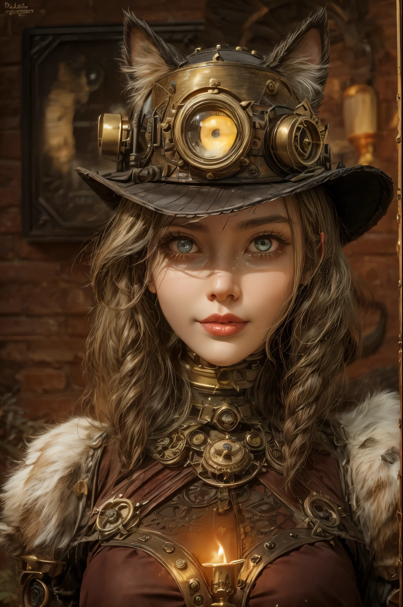 ( 3D rendering,steampunk Girl,beautiful detailed eyes, And a Robot cat with glowing eyes,antique brass and leather,wooden furniture,flickering candlelight,warm color palette,highres),slight smile on her lips".