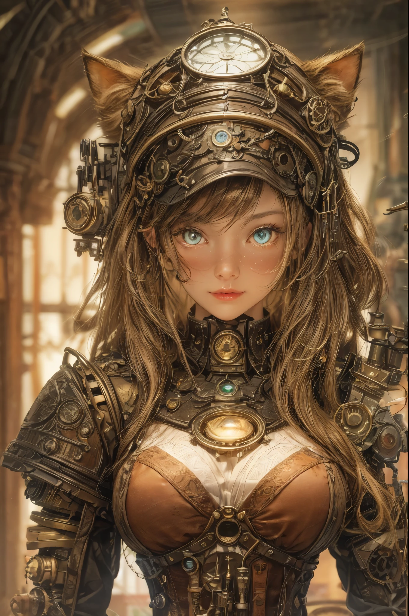 ( 3D rendering,steampunk Girl,beautiful detailed eyes, And a Robot cat with glowing eyes,antique brass and leather,wooden furniture,flickering candlelight,warm color palette,highres),slight smile on her lips".