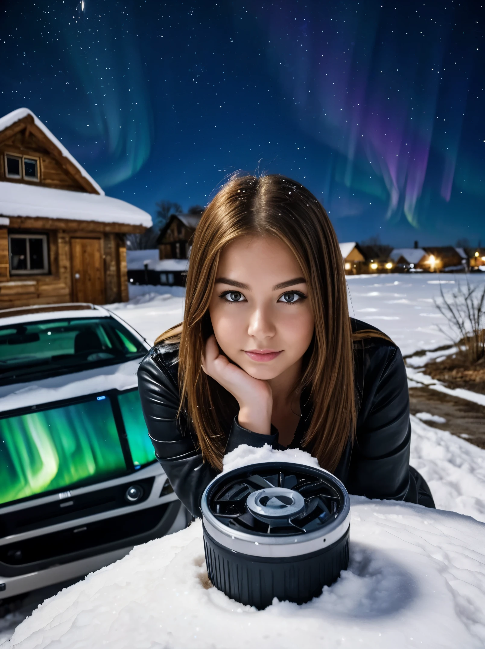 The photo is taken from the front, with the following composition: in the foreground (first low third of the image), a pile of electronic waste. In the middle ground,(second third of the image) a sexy young woman, age23, light auburn, leans forward, looking at the pile of waste as if she were looking at the inside of a car engine.
In the background, a snowy village, a starry night, the northern lights