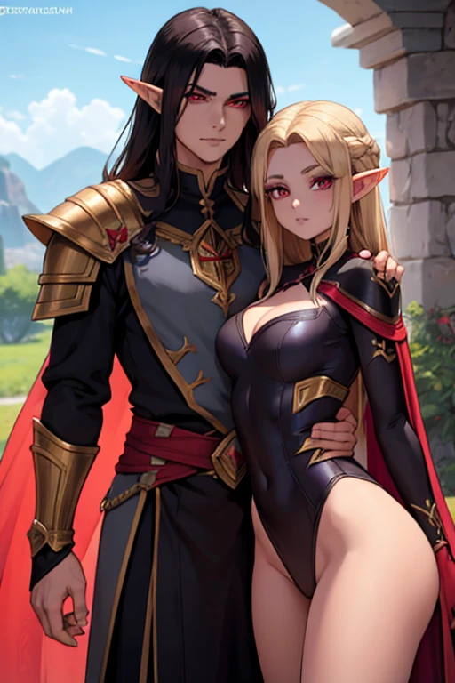 a female adult elf with weavy darkblonde hair visible forehead and demon wings wearing female purple armor next to a tall male adult good looking elf with *very long dark black hair* and red eyes wearing red armor couple dark athmosphere male with black hair