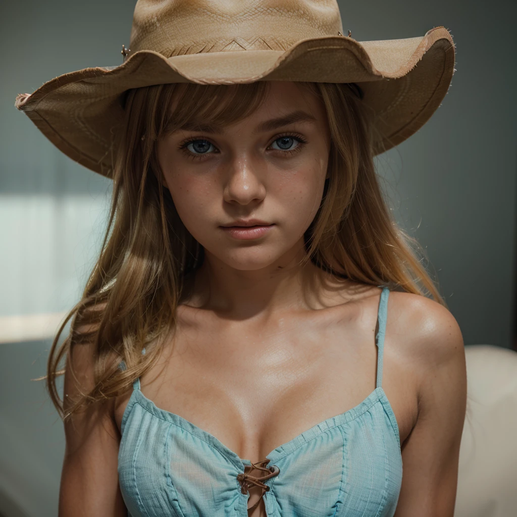 1girl, cute blonde girl, hair bangs, cowboy hat, brown cowboy dress, brown dress, cyan eyes, ultra realistic soft skin, extreme detail, high masterpiece, 8k, photography, studio light, ultra realistic lighting, high realistic ray tracing, RAW photo, photo studio, perfect detailed cute face, perfect teenage details