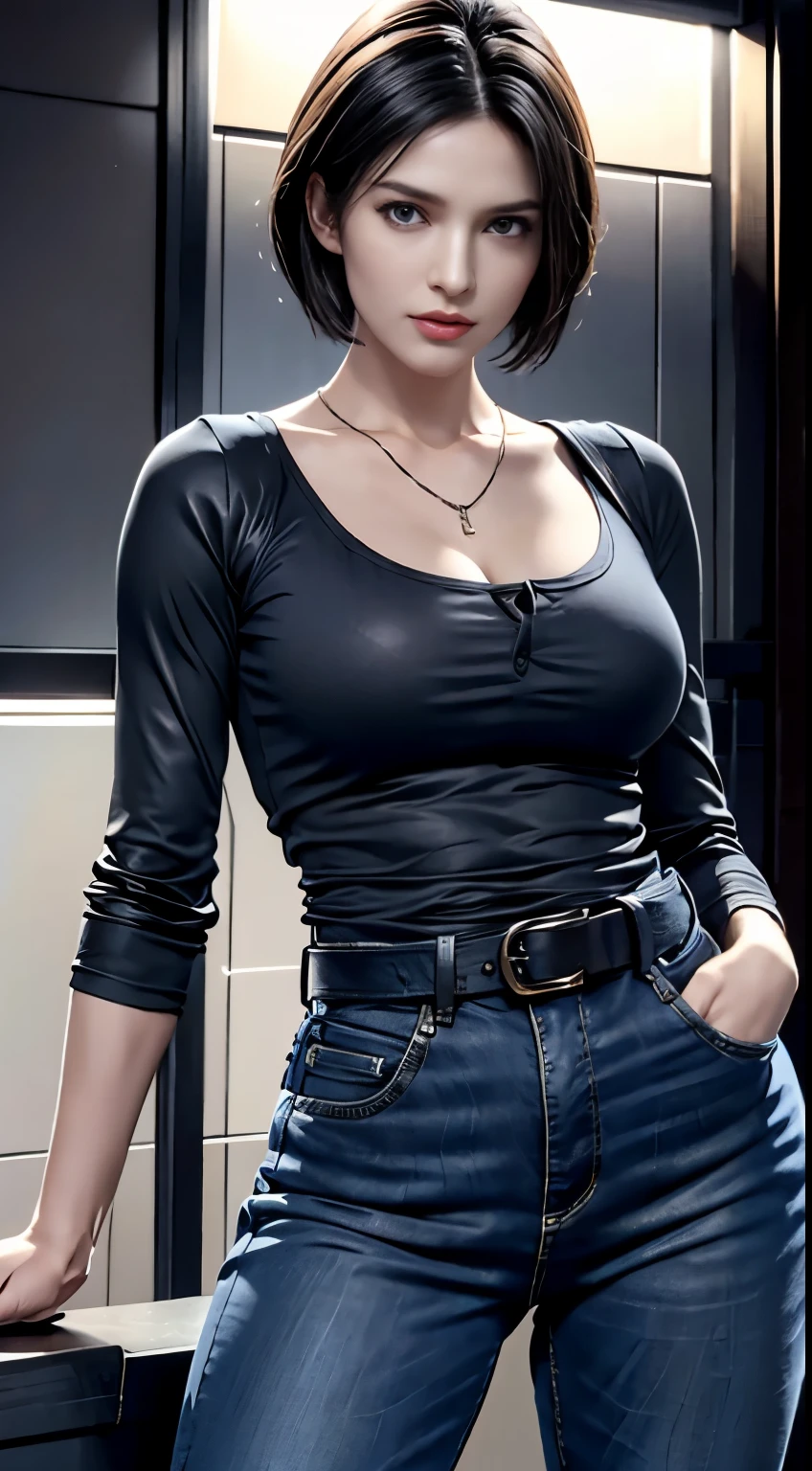 photorealistic, high resolution, 1women, mature female, solo, hips up, black hair, short hair, longsleeve blue shirt, belt, pants, police, cleavage, (downblouse), necklace,Jill Valentine - Resident Evil Series