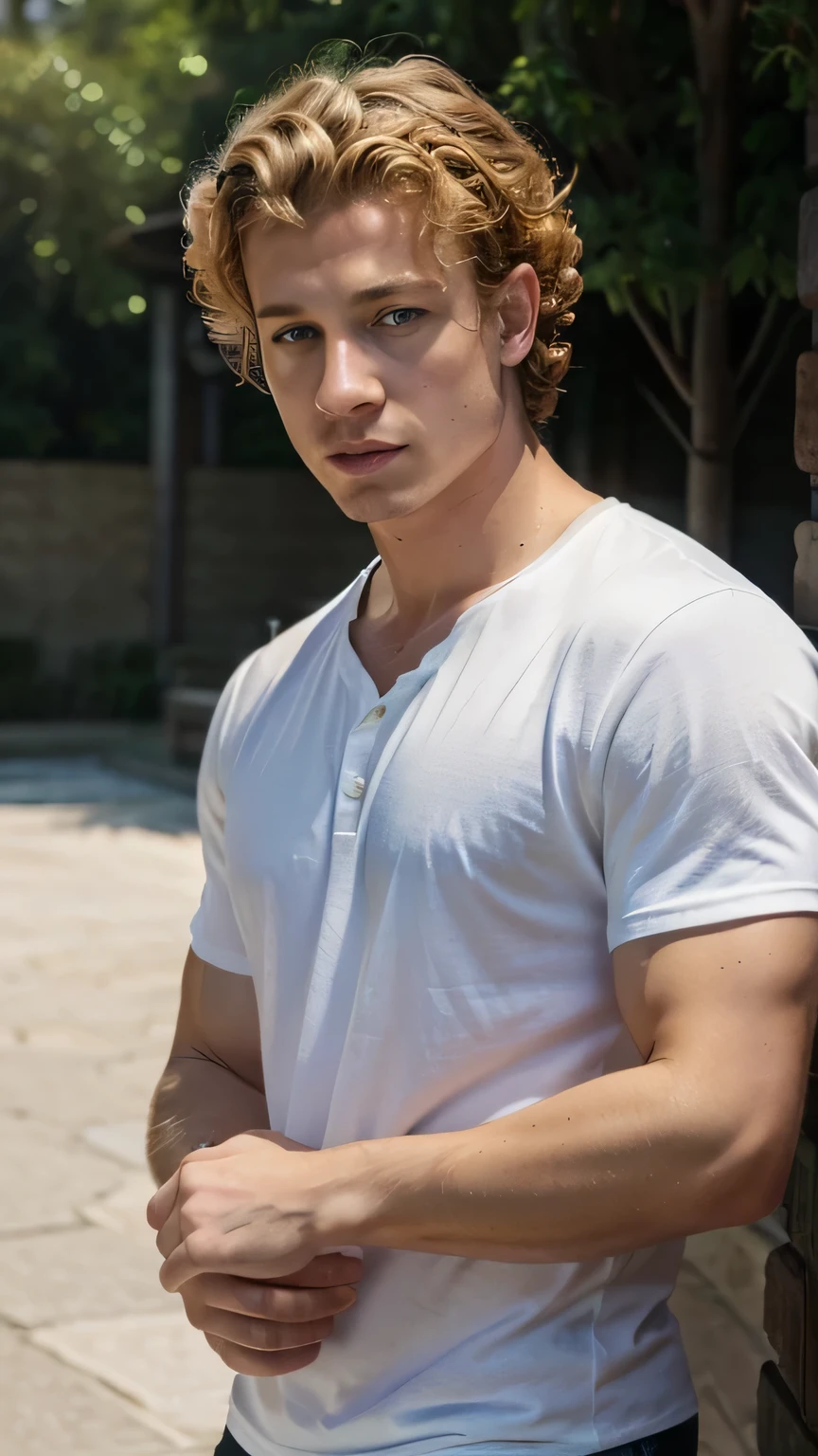 very handsome guy, wearing casual clothes, has blond curly hair, blue eyes, has a serious expression and is muscular, full body, watercolor style, looks like jeremy white,