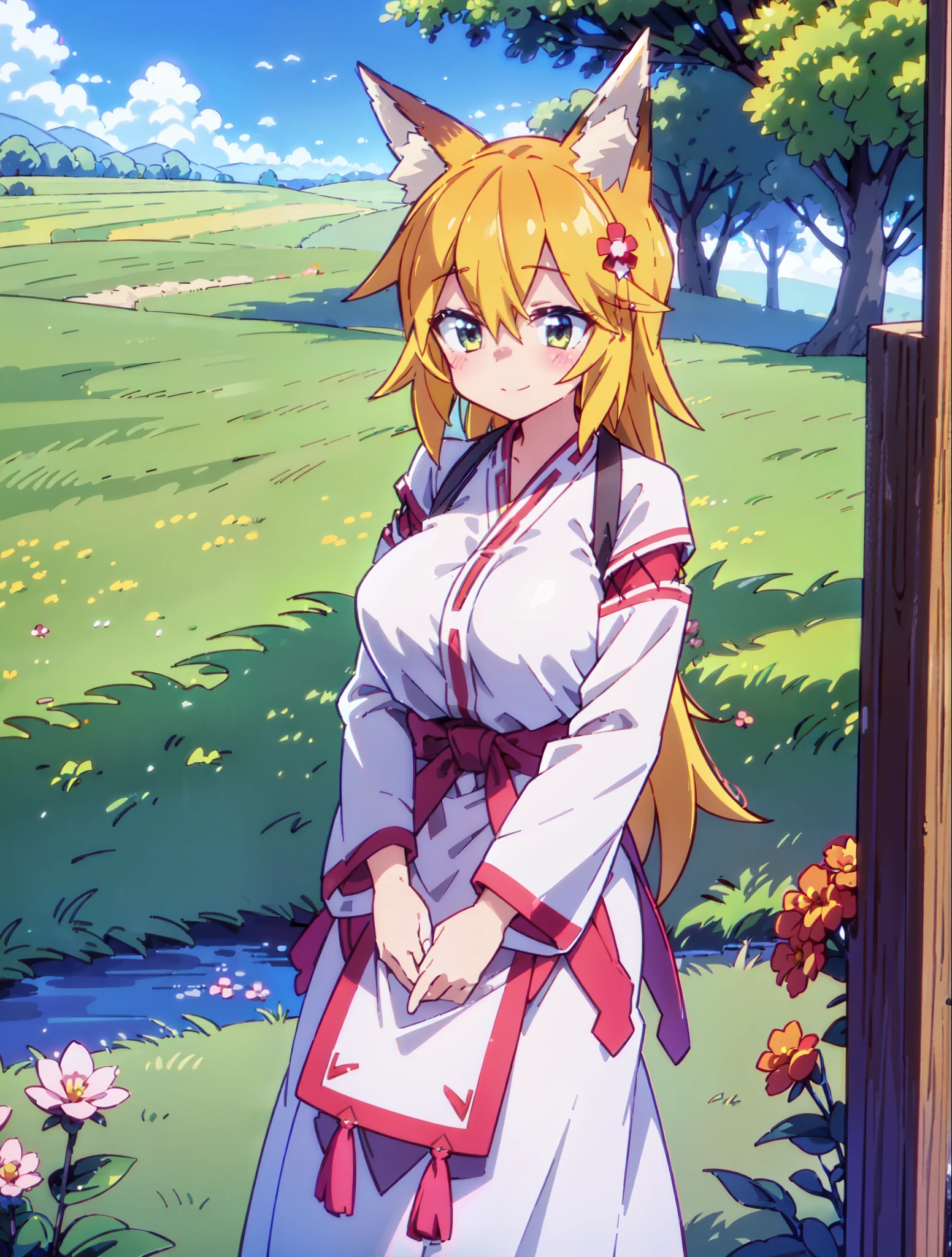 (Best Quality,4k,hight resolution,Masterpiece:1.2),detailed fox ears, multicolored flowers, field with beautiful trees, max detail, village, at home, Beautiful cloud, shy smile.very huge breast