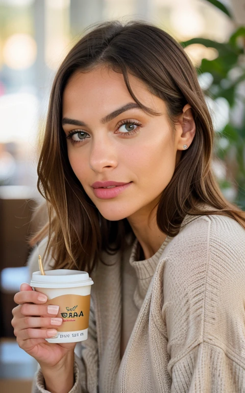 Beautiful blonde in beige sweater (Sipping coffee inside a modern café at sunset), Muy detallado, 21 years, Cara inocente, cabello ondulado natural, ojos azules, high resolution, obra maestra, Mejor calidad, detalles intrincados, muy detallado, Sharp focus, piel detallada, Realista skin textura, textura, ojos detallados, profesional, 4k, sonrisa encantandora, disparado en Canon, 85mm, Poca profundidad de campo,  Kodak Vision Color, cuerpo en forma perfecta, extremadamente detallado, Foto_\(Ultra\), photoRealista, Realista, Postprocesamiento, maximum detail, Aspereza, vida real, Ultra Realista, fotorrealismo, Photography, 8k UHD, Photography, desnuda