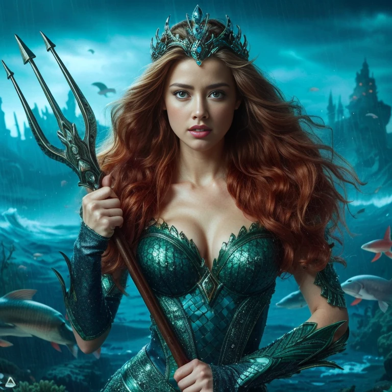 AMBER HEARD mujer hermosa, caucasian, pelo color rojo y largo, ojos claros, mojada, tiara verde, vestida con traje de armadura cuerpo completo color azul y verde con escamas, mera reyna de atlantis, sosteniendo un tridente, in defense position to attack, at the bottom of the ocean among marine fauna, ((Calidad superior, 8k, obra maestra: 1.3)), belleza, AMBER HEARD, Grande: 1.3, Abdominales delgados: 1.1, Textura facial y de piel muy detallada.