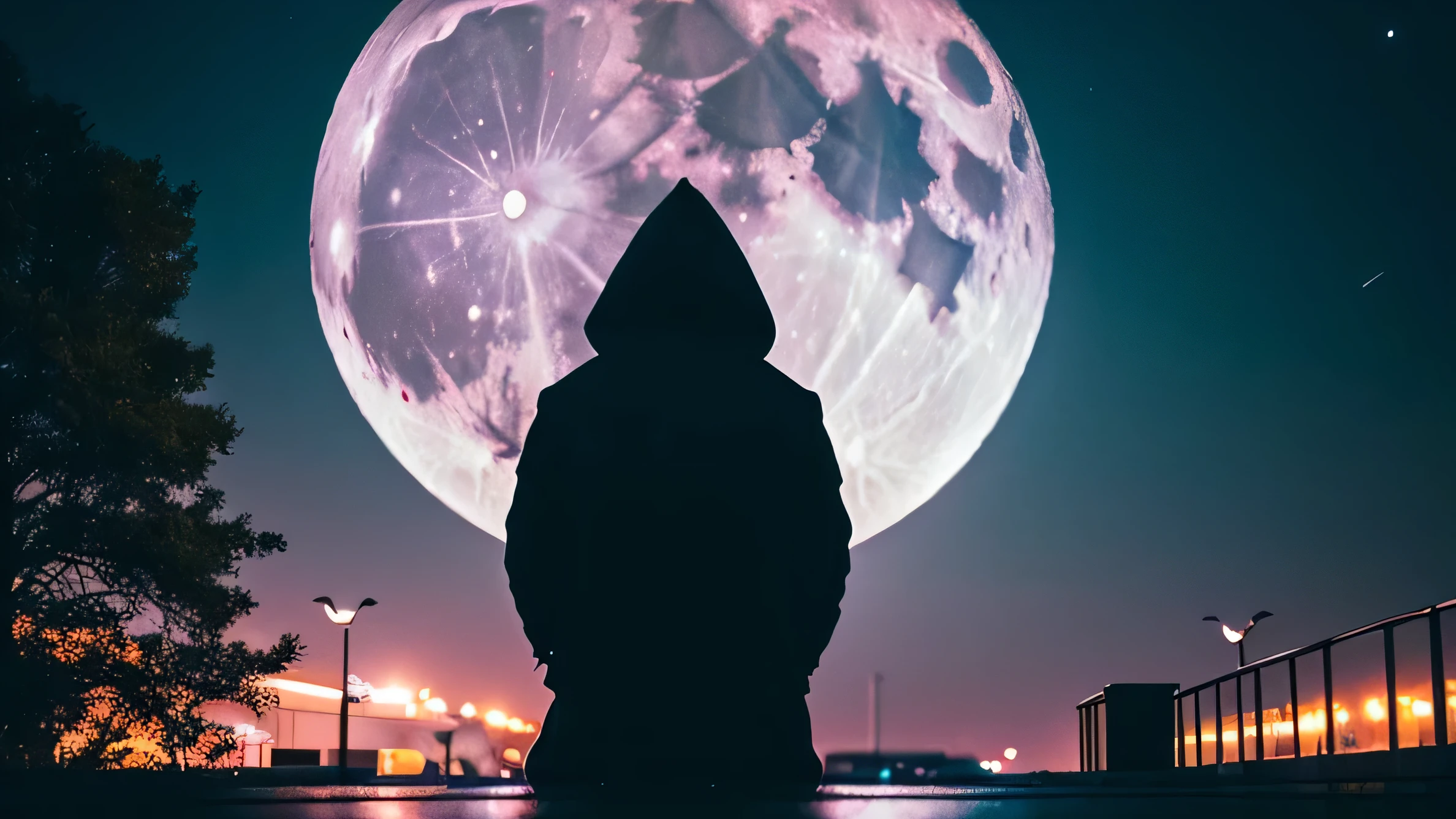 The moon was at the top of the sky and flooded it with a purple color, the sky is dark, In the center of their small town was lit only by rare pillars, The blocks were crowded, all the lights of the dwarf blocks were turned off, and in the park there was only him, the hooded man on a distant bank. Looking long in the city, cinematic, super realistic, 35mm DOF