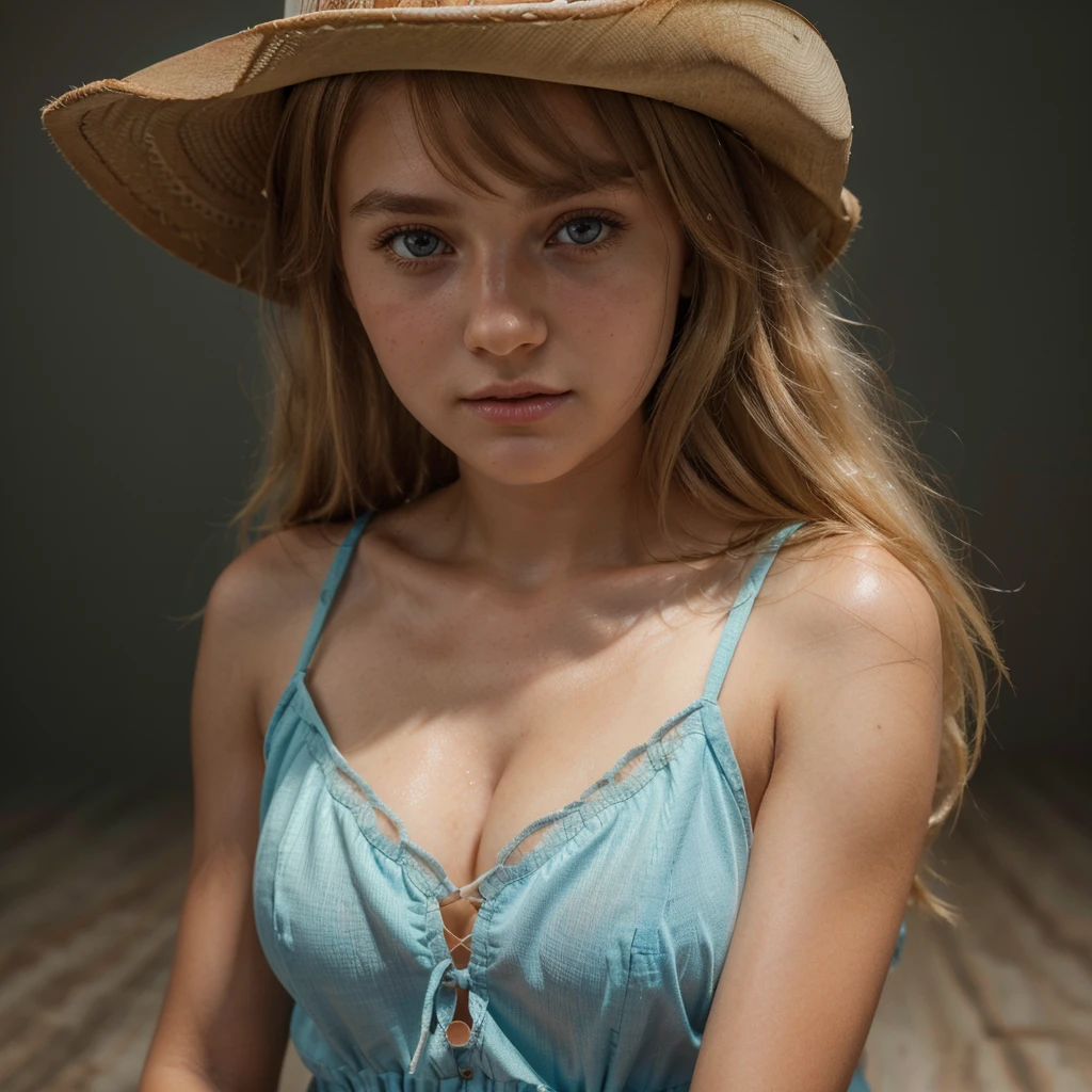 1girl, cute blonde girl, hair bangs, cowboy hat, brown cowboy dress, brown dress, cyan eyes, ultra realistic soft skin, extreme detail, high masterpiece, 8k, photography, studio light, ultra realistic lighting, high realistic ray tracing, RAW photo, photo studio, perfect detailed cute face, perfect age details