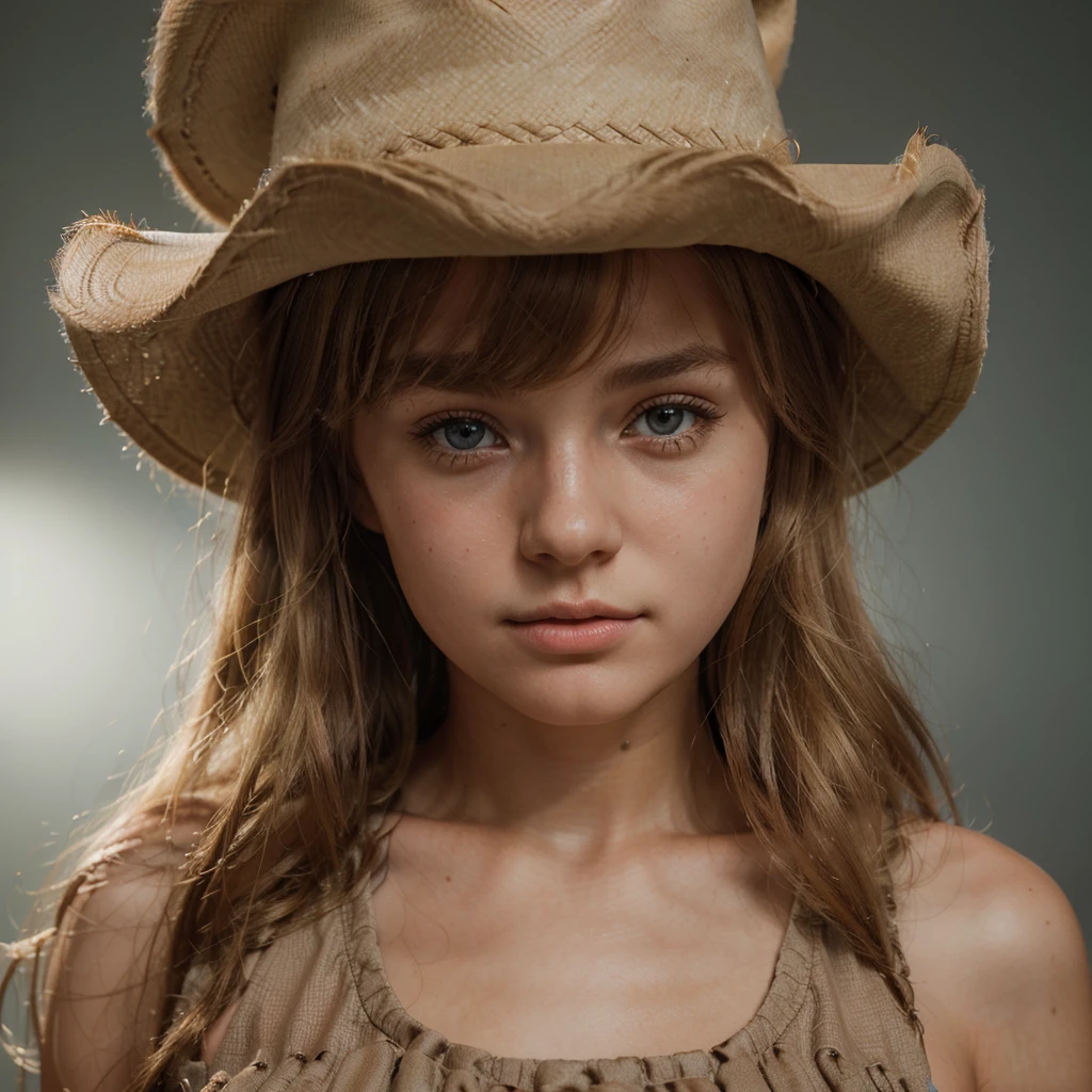 1girl, cute blonde girl, hair bangs, cowboy hat, brown cowboy dress, brown dress, cyan eyes, ultra realistic soft skin, extreme detail, high masterpiece, 8k, photography, studio light, ultra realistic lighting, high realistic ray tracing, RAW photo, photo studio, perfect detailed cute face, perfect teenage details