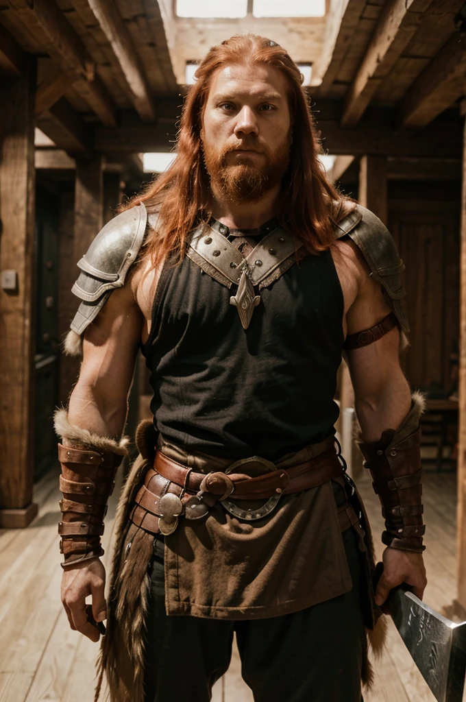 a tall red-haired viking with armor he has a cuirass covering it is made of wolf fur with an ax kept on his back, A sword in your hands, realista, arte digital premiada, Energetics, insanamente detalhado 1.5, foto de corpo inteiro, 20 mega pixels, canon EOS R3