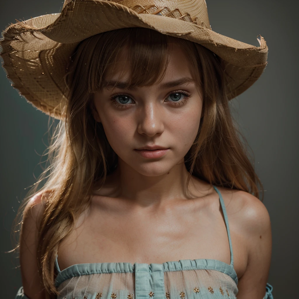 1girl, cute blonde girl, hair bangs, cowboy hat, brown cowboy dress, brown dress, cyan eyes, ultra realistic soft skin, extreme detail, high masterpiece, 8k, photography, studio light, ultra realistic lighting, high realistic ray tracing, RAW photo, photo studio, perfect detailed cute face, perfect teenage details